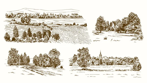 Paysage rural avec église et maisons. Dessiné à la main — Image vectorielle