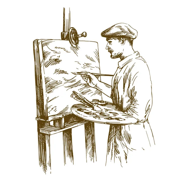 画家はイーゼルと絵画に立っている ベクトル図 — ストックベクタ