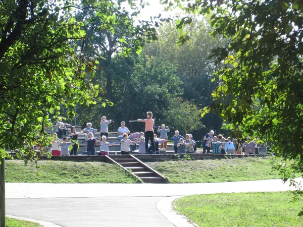 Människor som gör fysiska övningar i parken — Stockfoto