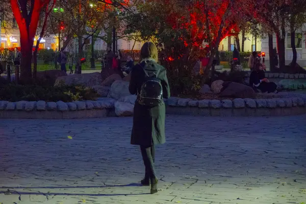 Moskova 'daki Autumn Park, Sretensky Bulvarı, gece, karanlık, ışıklar parlıyor