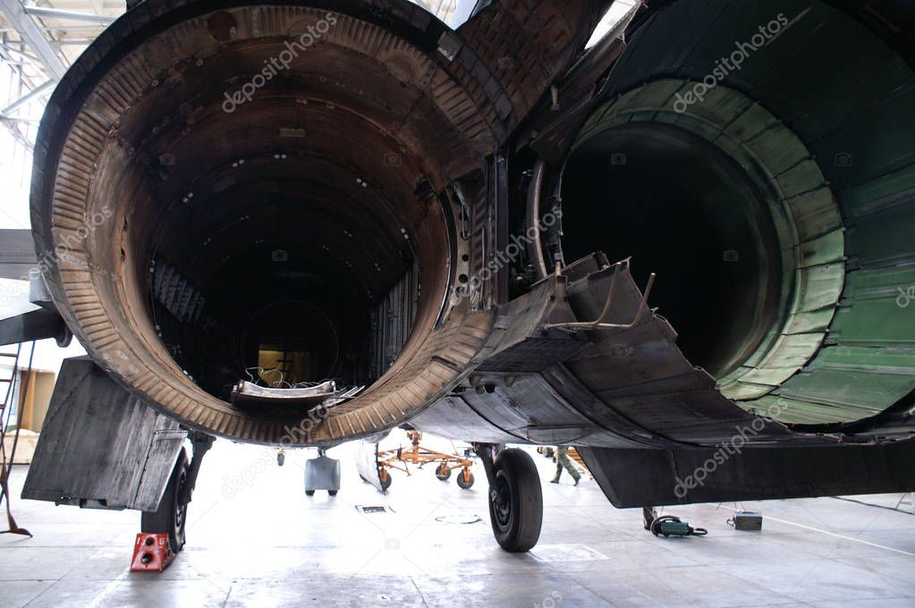 Russian aircraft Sukhoi Su-24 jet engine exhaust, rear view