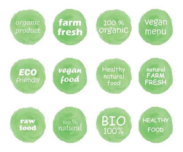 Hand drawn watercolor stickers and badges for organic food — Stock Vector