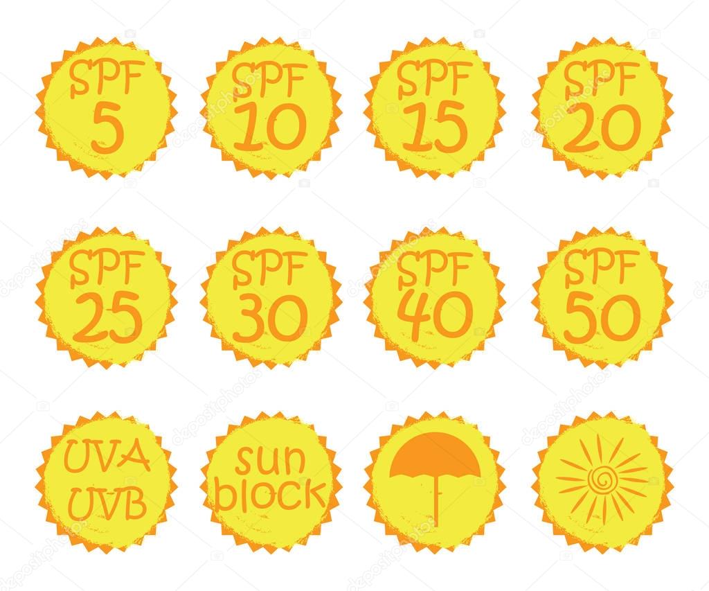 UV skin protection concept.Hand drawn stickers and badges for sunscreen cosmetics. Vector illustration set for graphic and web design.