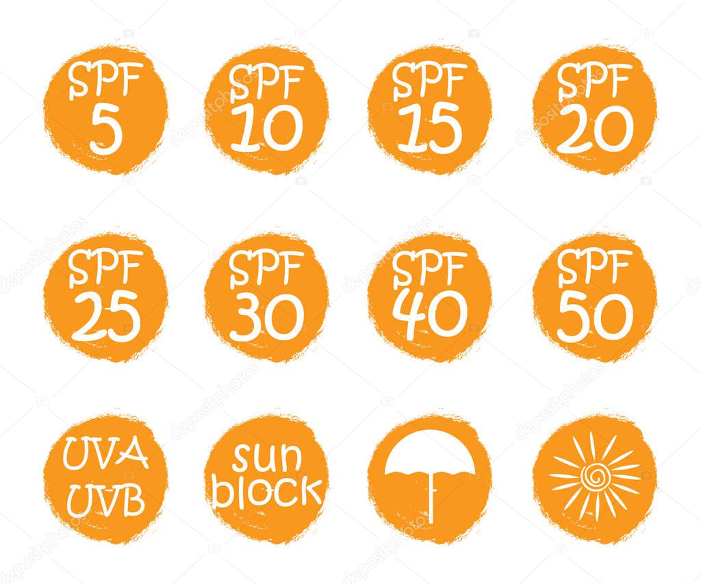 UV skin protection concept.Hand drawn stickers and badges for sunscreen cosmetics. Vector illustration set for graphic and web design.