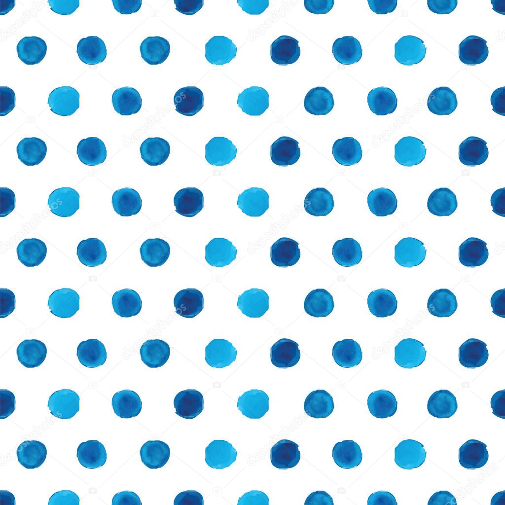 Watercolor blue polka dot seamless pattern