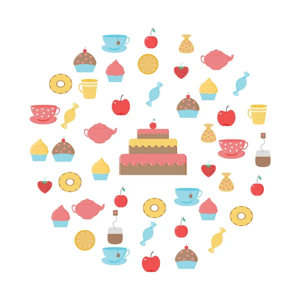 Te Time.Collection av te, tekannor, koppar, munkar, kakor, cupcakes och frukter — Stock vektor