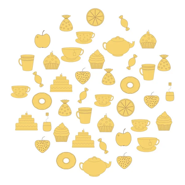 Té Time.Collection de té, teteras, tazas, donas, pasteles, cupcakes y frutas — Vector de stock