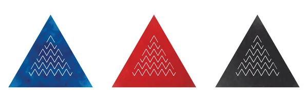 Set segitiga dengan tekstur cat air dan pola chevron - Stok Vektor