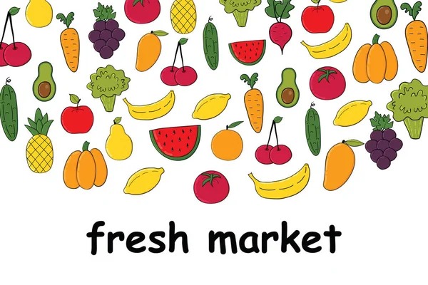 Banner com frutas e legumes coloridos — Vetor de Stock