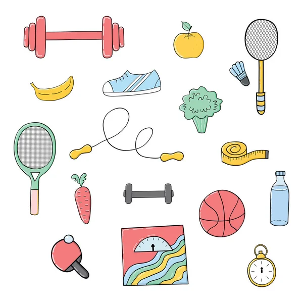 Conjunto de ilustrações de vetor desenhado à mão de elementos de fitness e esporte , —  Vetores de Stock
