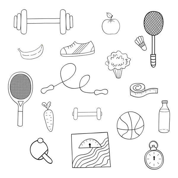 Set de ilustrații vectoriale desenate manual de elemente de fitness și sport , — Vector de stoc