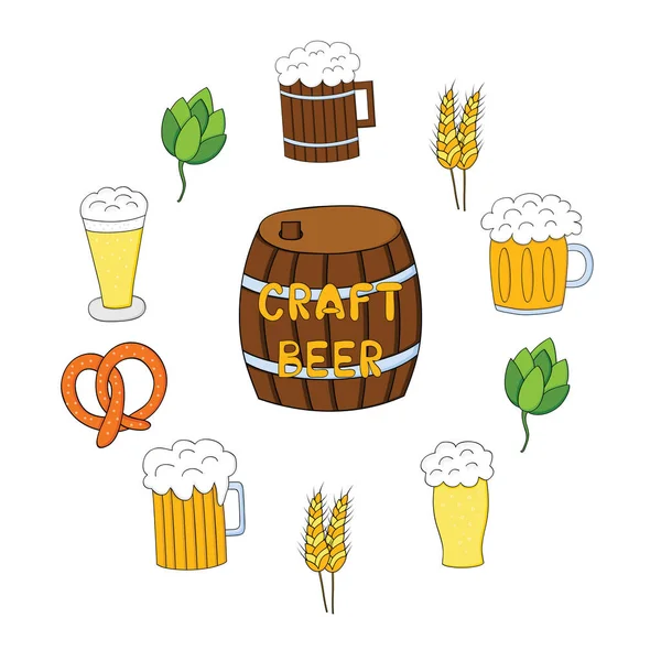 Cerveja artesanal.Coleção de ilustrações de doodle relacionadas à cerveja — Vetor de Stock