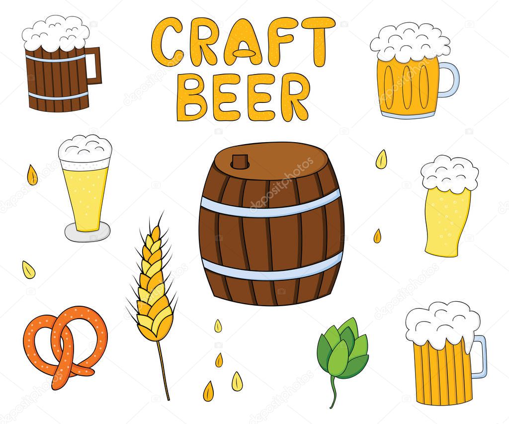 Craft beer.Collection of beer related doodle illustrations