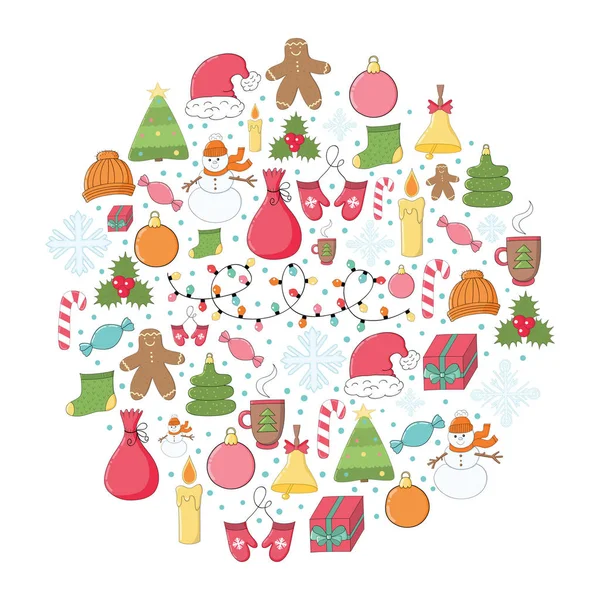 Jul och nyår runda ut med söt holiday saker — Stock vektor