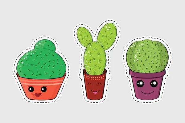 Cartoon cactussen pictogrammen, patches, stickers — Stockvector