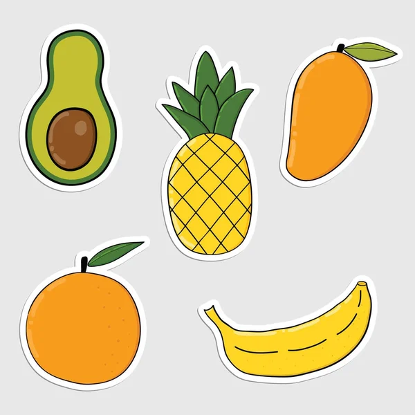 Conjunto de pegatinas con coloridas frutas y verduras dibujadas a mano — Vector de stock