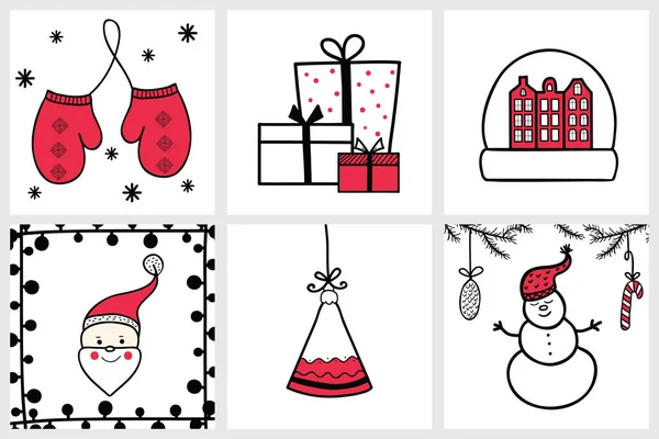 Premade handdrawn uppsättning jul och nyår kort med vintern — Stock vektor