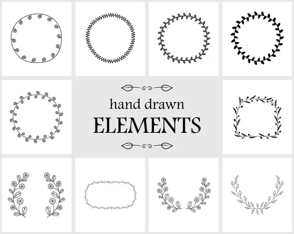 Cadres floraux dessinés à la main et couronnes et bordures — Image vectorielle
