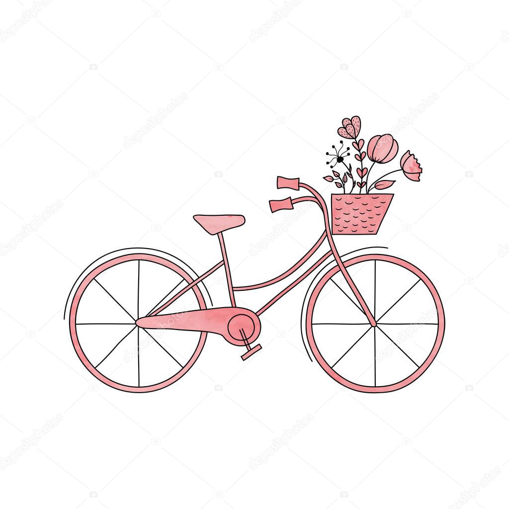 Watercolor pink vector  bike with basket and flowers