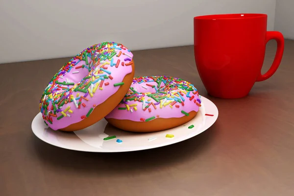 Caneca, Copa e Donut 3D renderizar . — Fotografia de Stock