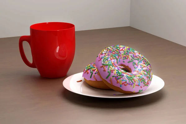 Caneca, Copa e Donut 3D renderizar . — Fotografia de Stock