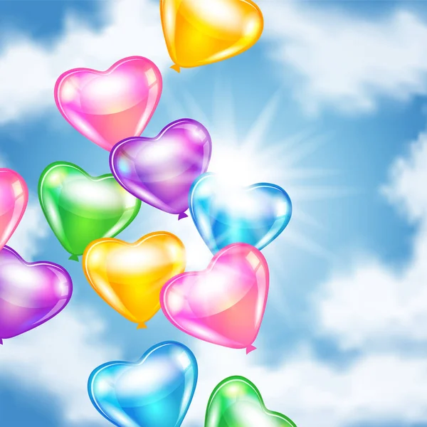Ballonnen in de vorm van hart in de hemel — Stockvector