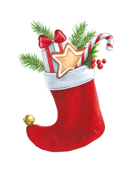 Sketch markers Christmas sock with gifts. Sketch done in alcohol — Stock Photo, Image