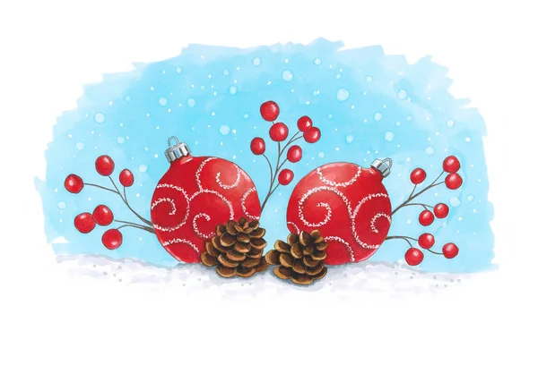 Sketch markers Christmas decoration with fir cones. Sketch done — Stock Photo, Image