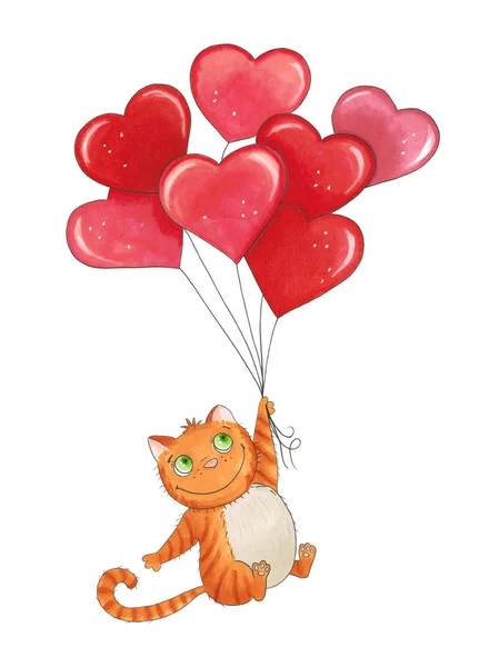Эскиз маркеры кошка с воздушными шарами на День Святого Валентина. Эскизный дон — стоковое фото