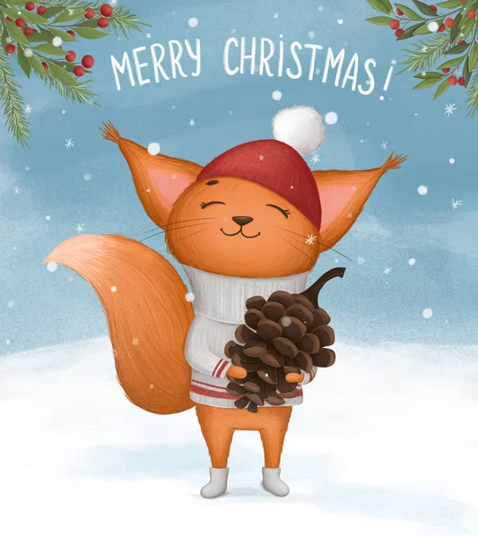 Veselá veverka s jedlovým kornoutem přeje veselé Vánoce — Stock fotografie