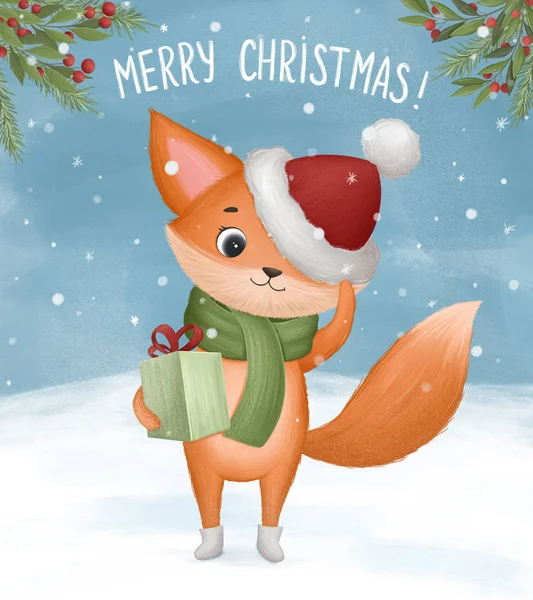 Little fox with christmas present in its paws — Stock Photo, Image