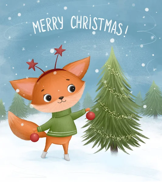 Little fox decorates a Christmas tree — Stock Photo, Image
