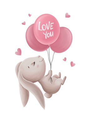 Little Bunny with balloons and hearts