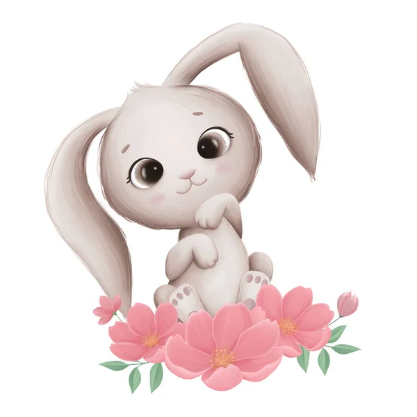 Malý Roztomilý Králíček Jarními Květinami Bílém Pozadí Digitální Ilustrace — Stock fotografie