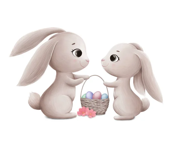 Two Cute Little Bunnies Easter Basket Digital Illustration — Stock Photo, Image