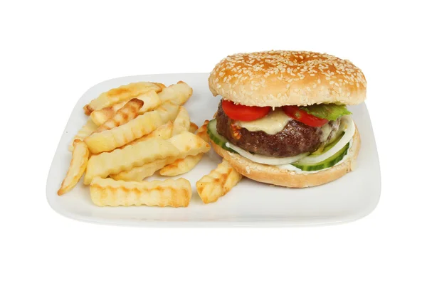Cheeseburger met salade en chips — Stockfoto