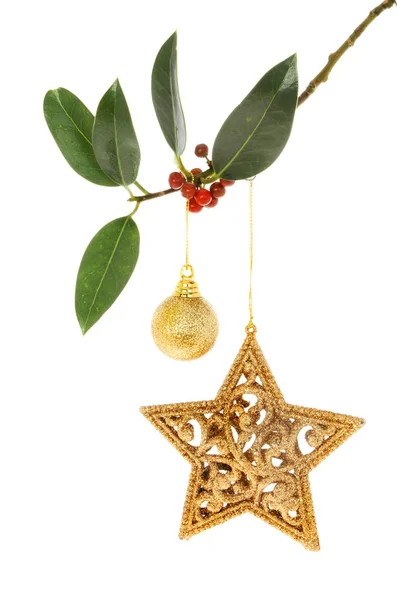 Star and bauble in Holly — Stock Photo, Image
