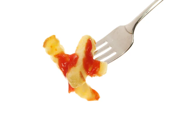Chips on fork with ketchup — Stock Photo, Image