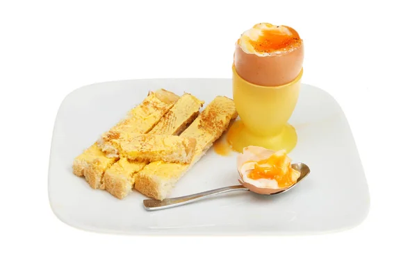 Boiled egg and soldiers — Stock Photo, Image