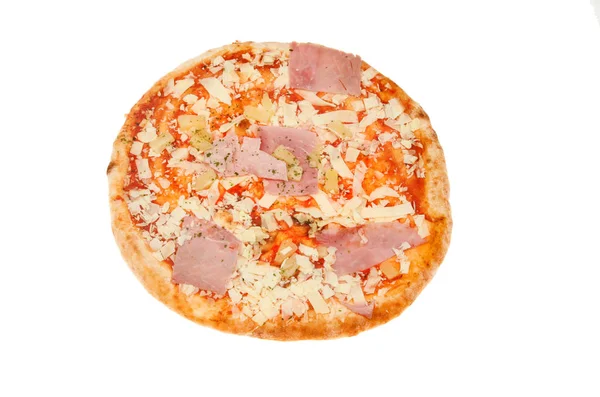 Uncooked ham and pineapple pizza — Stock Photo, Image