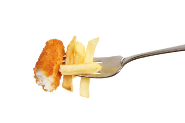 Fish finger and chips on a fork — Stock Photo, Image