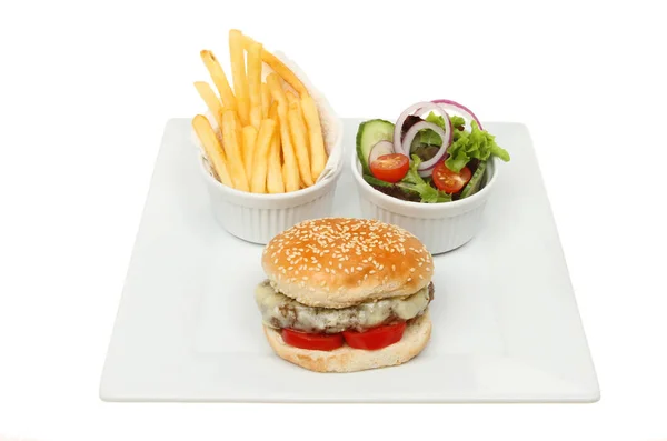 Cheeseburger Pommes und Salat — Stockfoto