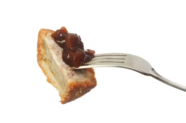 Pork pie and pickle on a fork — Stock Photo, Image