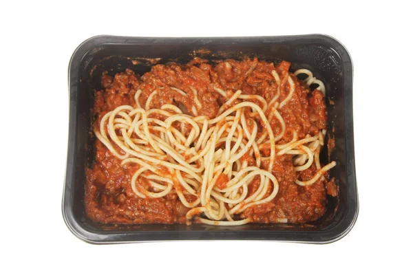 Spaghetti Bolognese Scatola Plastica Isolata Contro Bianco — Foto Stock