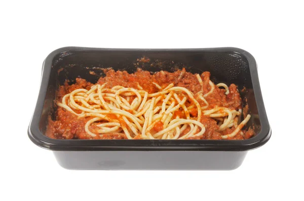 Spaghetti Bolognese Plastikkarton Isoliert Gegen Weiß — Stockfoto
