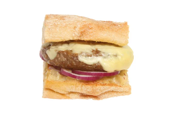 Cheeseburger Red Onion Ciabatta Bread Isolated White — Stock Photo, Image