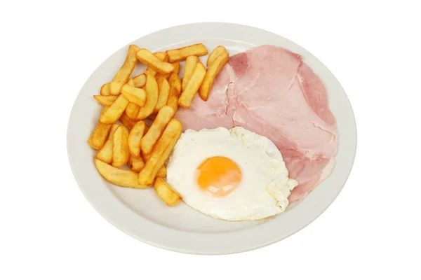 Ζαμπόν Αυγό Και Μάρκες Ένα Πιάτο Που Απομονώνεται Ενάντια Στο — Φωτογραφία Αρχείου