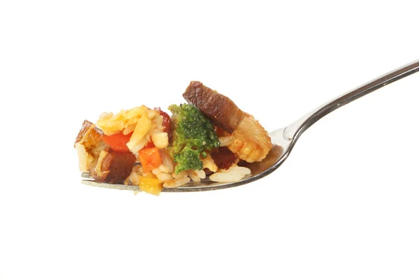 Arroz Frito Con Cerdo Verduras Tenedor Aislado Contra Blanco — Foto de Stock