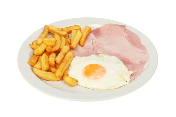 Ham Egg Chips Plate Isolated White — Stock Photo, Image
