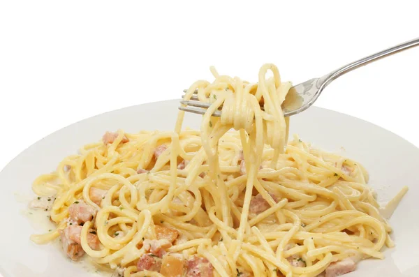 Spaghetti carbonara zbliżenie — Zdjęcie stockowe